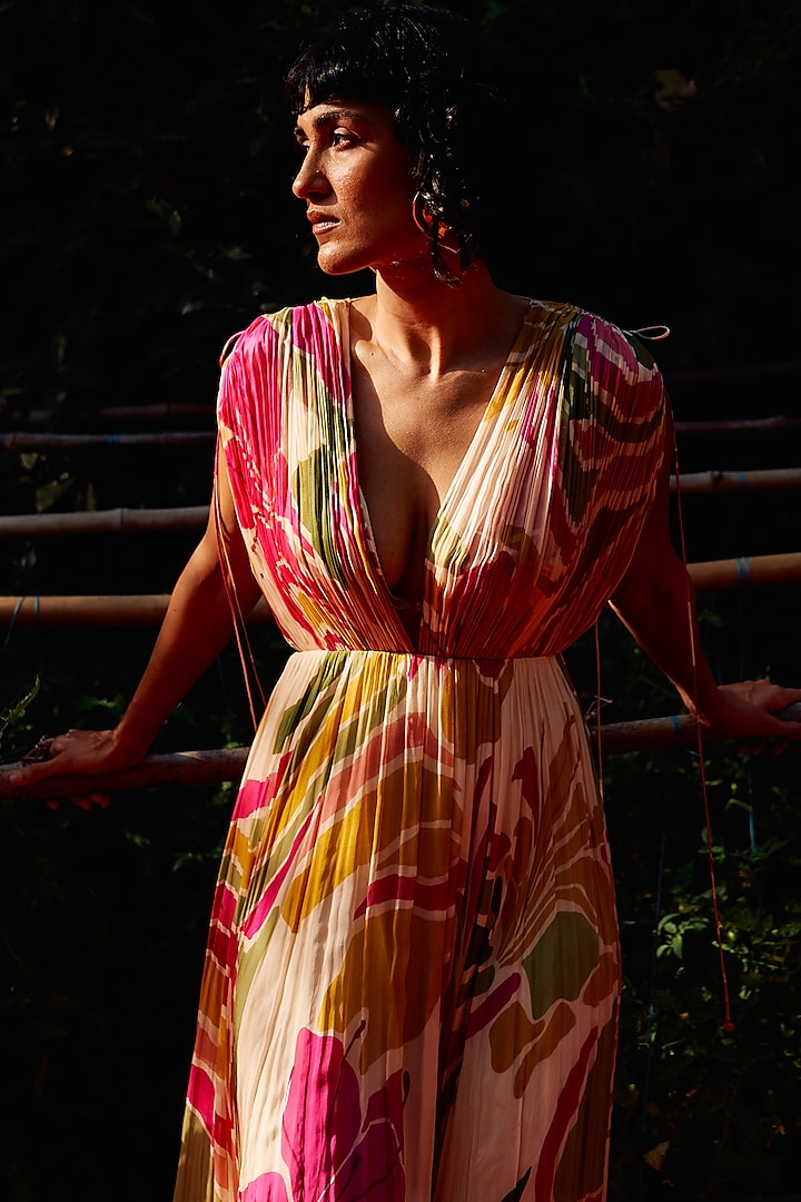 Multi-Colored Tabby Silk Printed Hand Pleated Vacation Dress by Zwaan at Pernia's Pop Up Shop