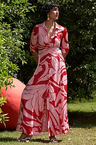 Red & Pink Linen Satin Printed Draped Shirt Dress by Zwaan