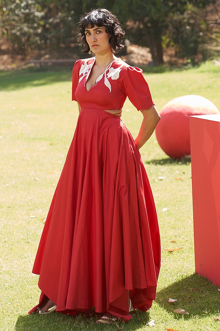 Red Cotton Satin Embroidered Handkerchief Vacation Dress by Zwaan at Pernia's Pop Up Shop