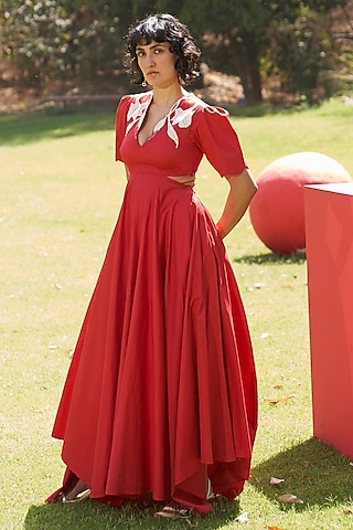 Red Cotton Satin Embroidered Handkerchief Dress by Zwaan