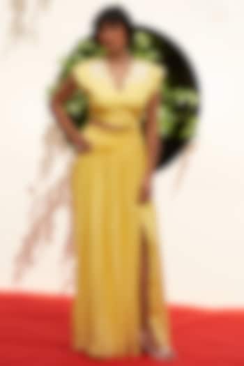 Yellow Linen Satin Embroidered Overlapped Vacation Dress by Zwaan at Pernia's Pop Up Shop