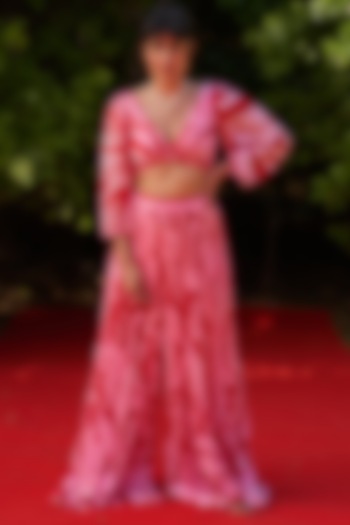 Red & Pink Tabby Silk Printed Draped Top by Zwaan at Pernia's Pop Up Shop