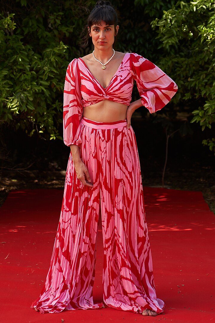 Red & Pink Tabby Silk Printed Draped Top by Zwaan at Pernia's Pop Up Shop