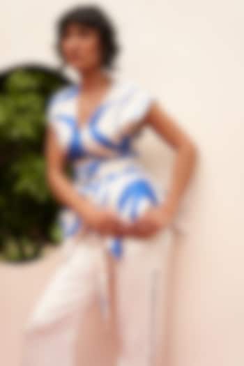 Blue & White Linen Satin Printed Overlapped Top With Belt by Zwaan at Pernia's Pop Up Shop