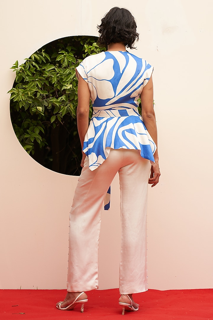 Blue & White Linen Satin Printed Overlapped Top With Belt by Zwaan at Pernia's Pop Up Shop