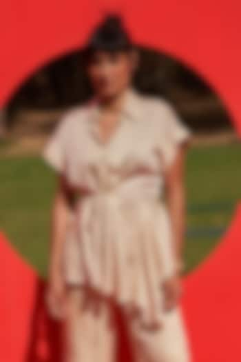 Ivory Linen Satin Asymmetric Shirt With Belt by Zwaan at Pernia's Pop Up Shop