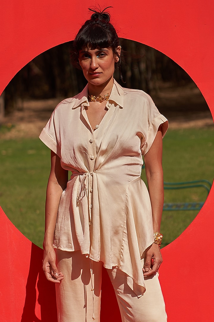 Ivory Linen Satin Asymmetric Shirt With Belt by Zwaan at Pernia's Pop Up Shop