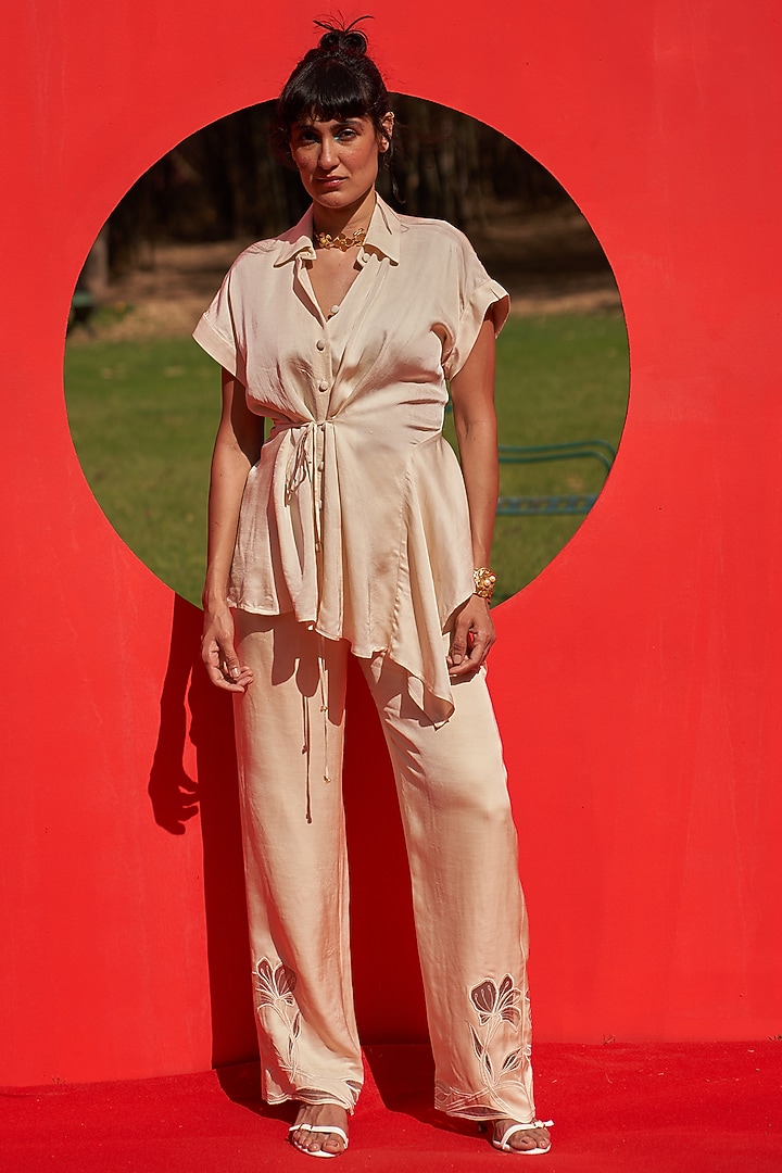 Ivory Linen Satin Asymmetric Shirt With Belt by Zwaan at Pernia's Pop Up Shop