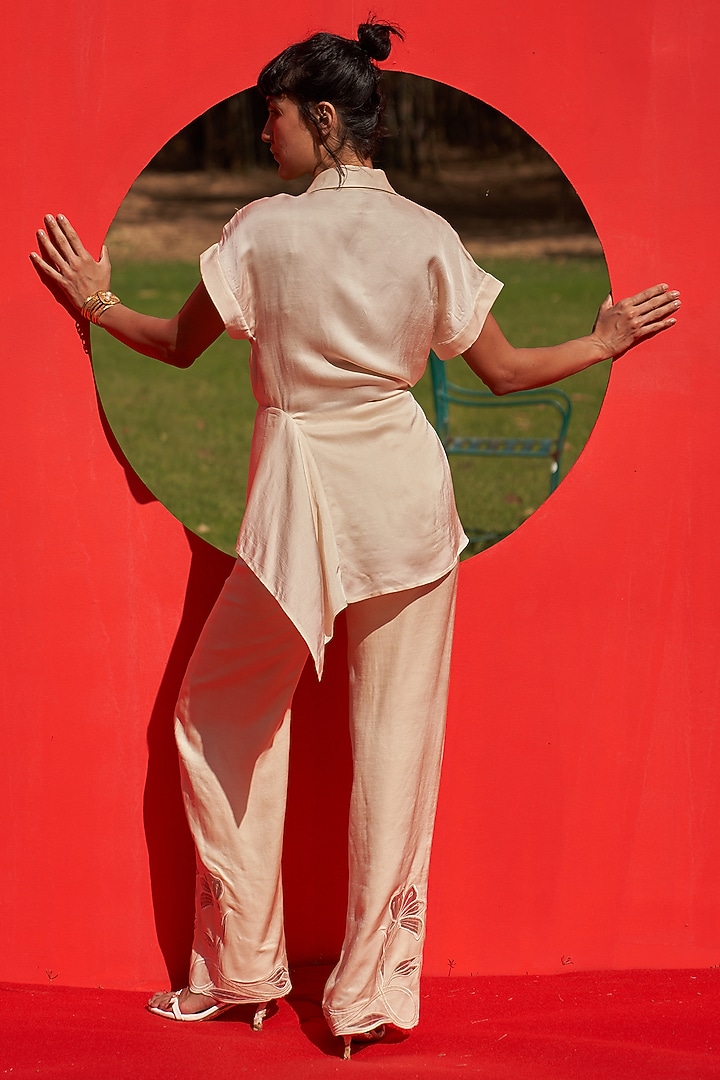 Ivory Linen Satin Embroidered Pants by Zwaan at Pernia's Pop Up Shop