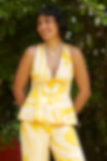 Yellow & White Linen Satin Peplum Top by Zwaan at Pernia's Pop Up Shop