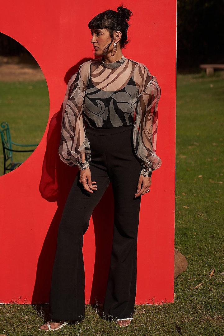 Black Crepe High-Waist Flared Pants by Zwaan at Pernia's Pop Up Shop