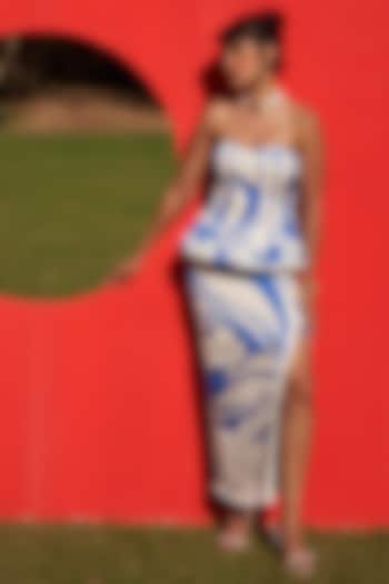 Blue & White Linen Satin Printed Corset Peplum Top by Zwaan at Pernia's Pop Up Shop