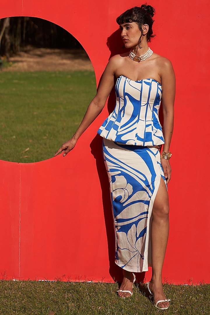 Blue & White Linen Satin Printed Corset Peplum Top by Zwaan at Pernia's Pop Up Shop