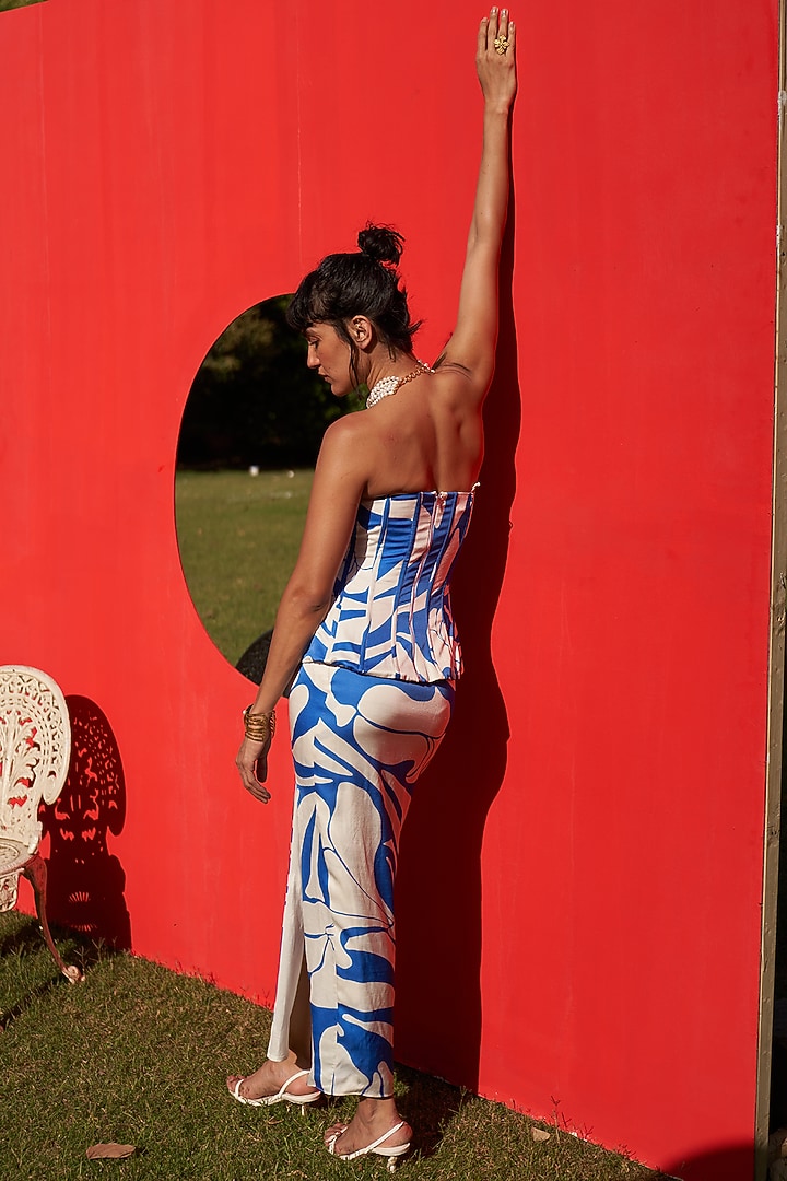 Blue & White Linen Satin Printed Corset Peplum Top by Zwaan at Pernia's Pop Up Shop