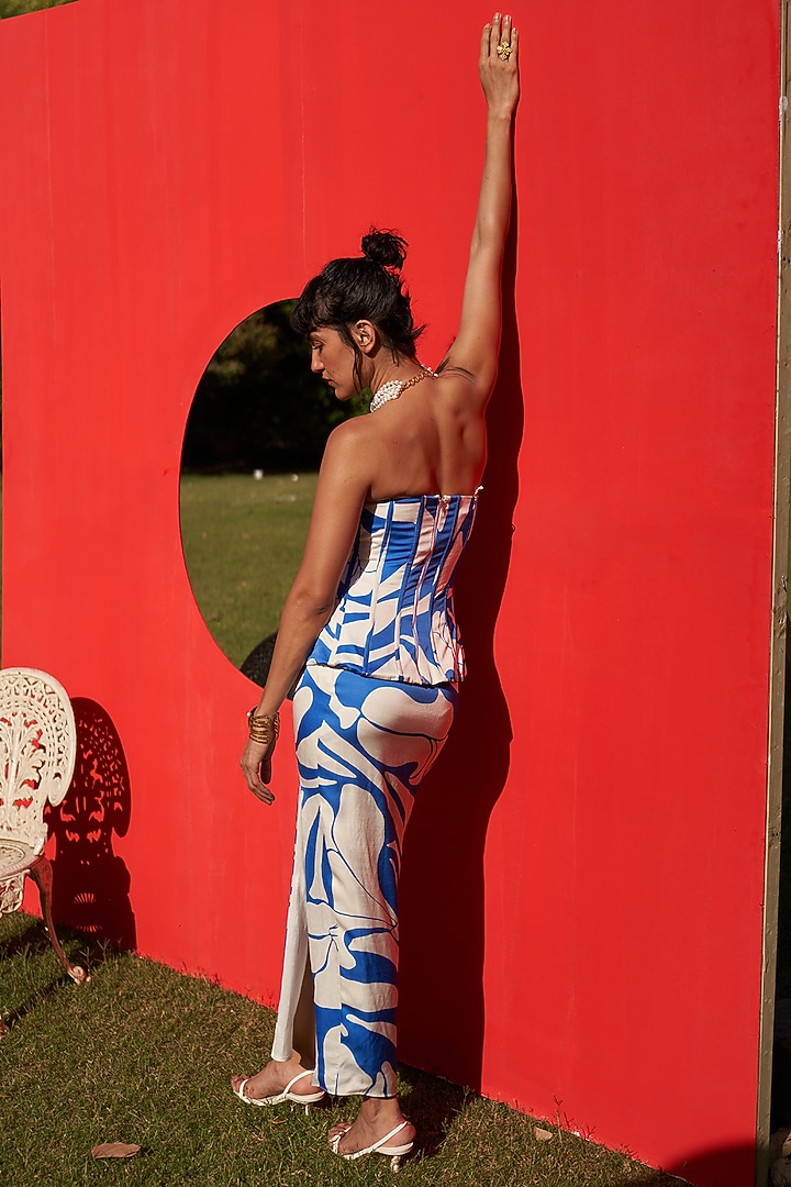 Blue & White Linen Satin Printed Tapered Skirt by Zwaan at Pernia's Pop Up Shop