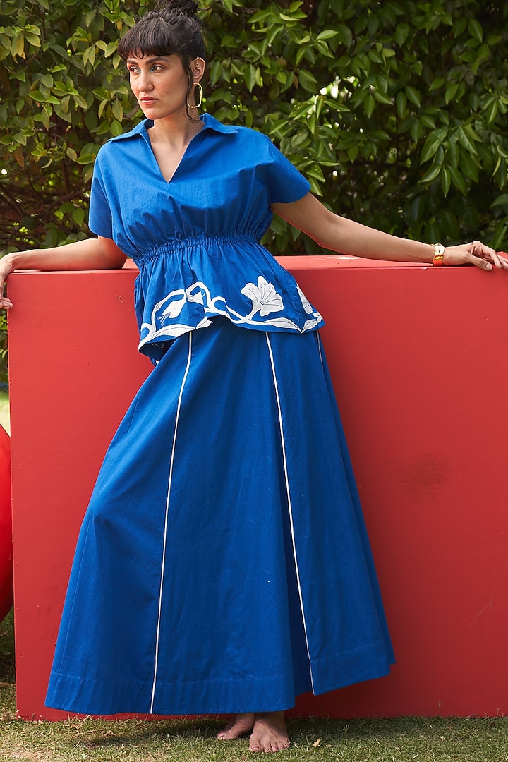 Blue Cotton Satin Patch Embroidered Shirt by Zwaan at Pernia's Pop Up Shop