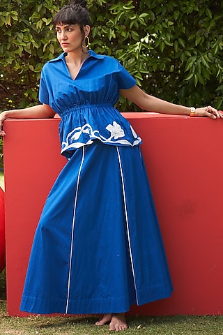 Blue Cotton Satin A-line Paneled Skirt by Zwaan