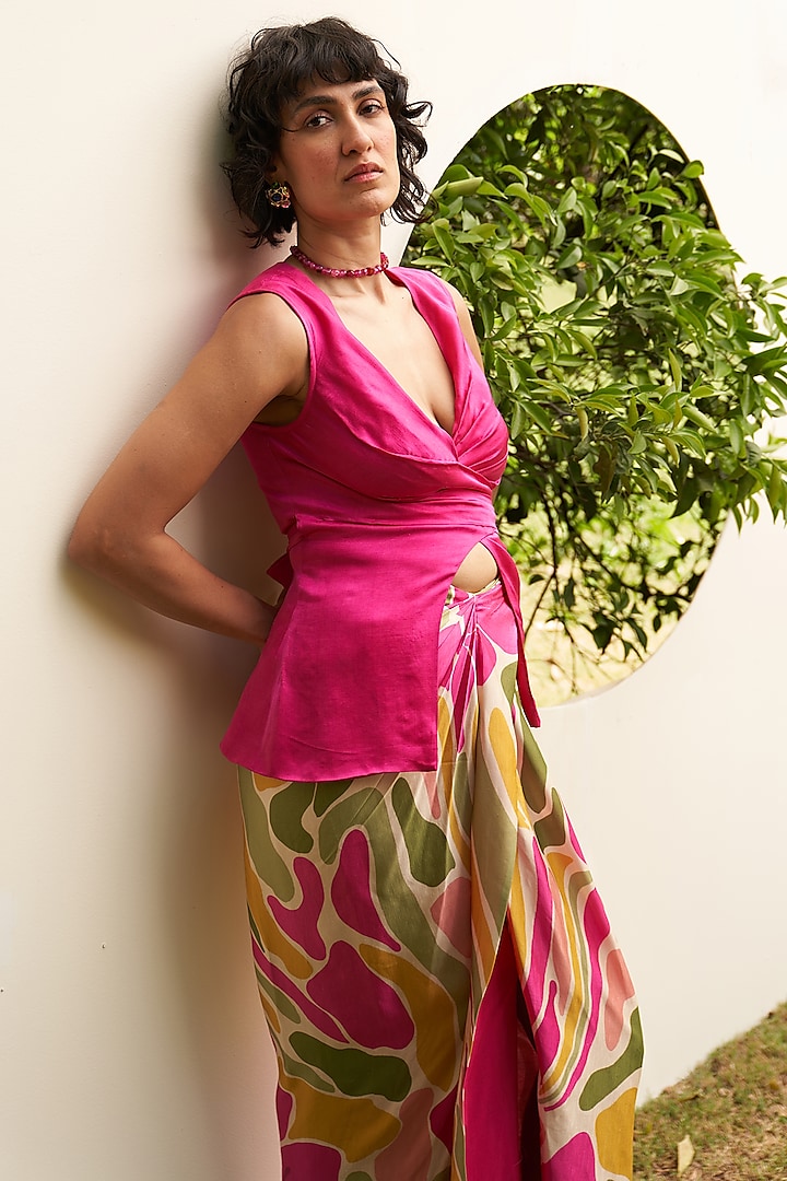 Pink Linen Satin Wrap Top by Zwaan at Pernia's Pop Up Shop