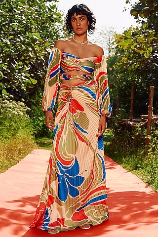 Multi-Colored Armani Satin Pleated A-line Skirt by Zwaan