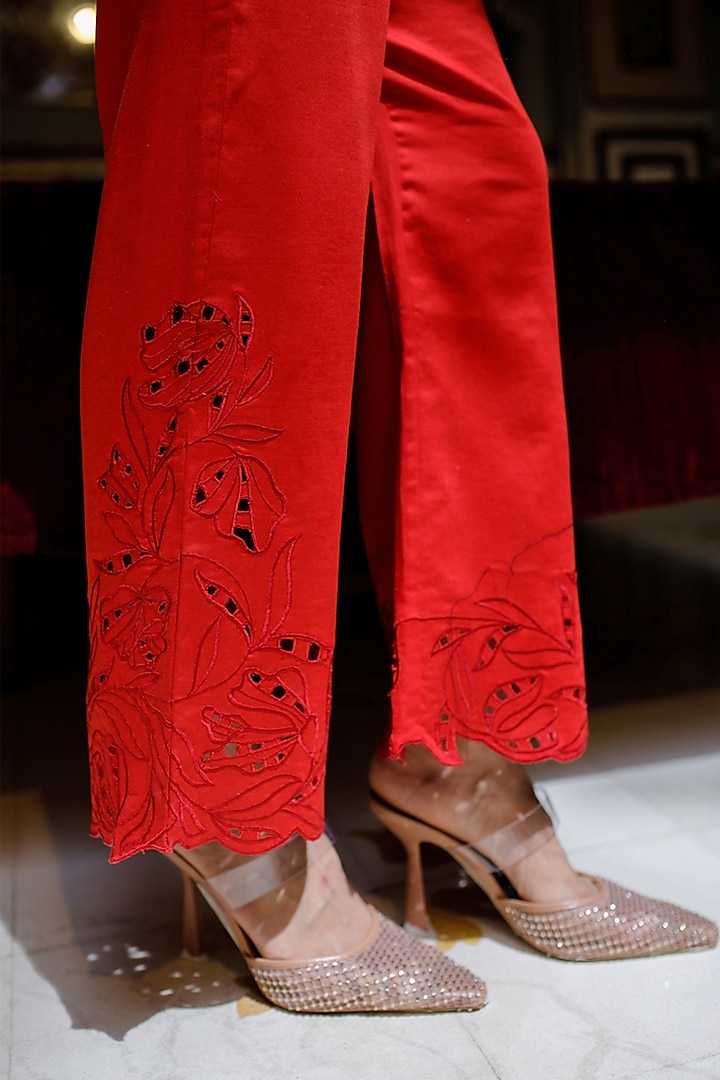Red Double Cotton Cutwork Embroidered Co-Ord Set by Zwaan at Pernia's Pop Up Shop