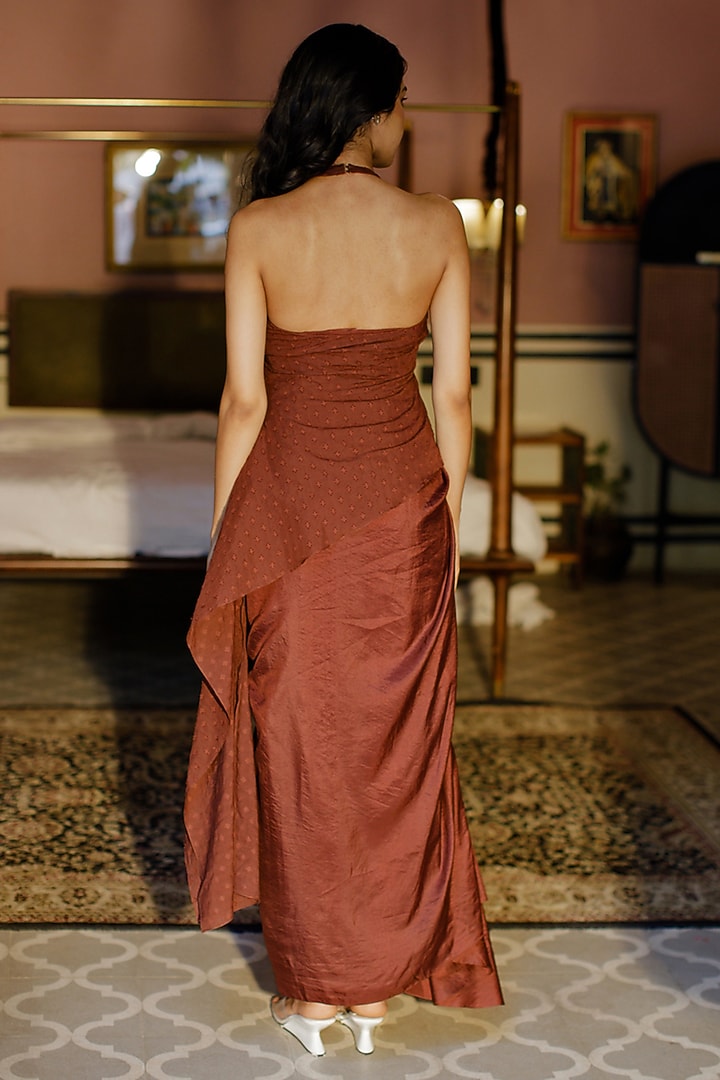 Brown Silk Draped Skirt Set by Zwaan at Pernia's Pop Up Shop