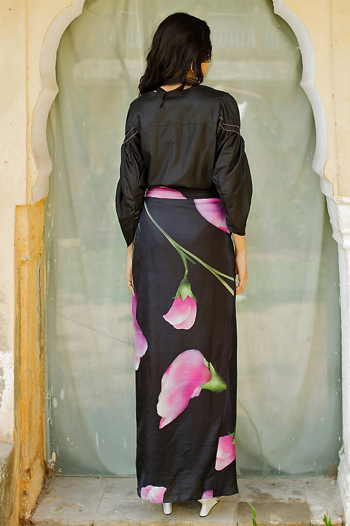 Black Silk Printed Draped Skirt Set by Zwaan at Pernia's Pop Up Shop