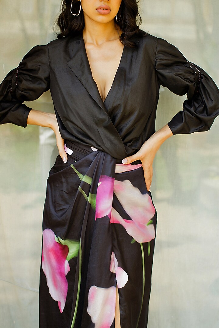 Black Silk Printed Draped Skirt Set by Zwaan at Pernia's Pop Up Shop