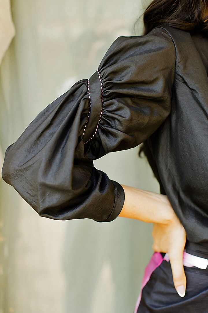 Black Silk Printed Draped Skirt Set by Zwaan at Pernia's Pop Up Shop