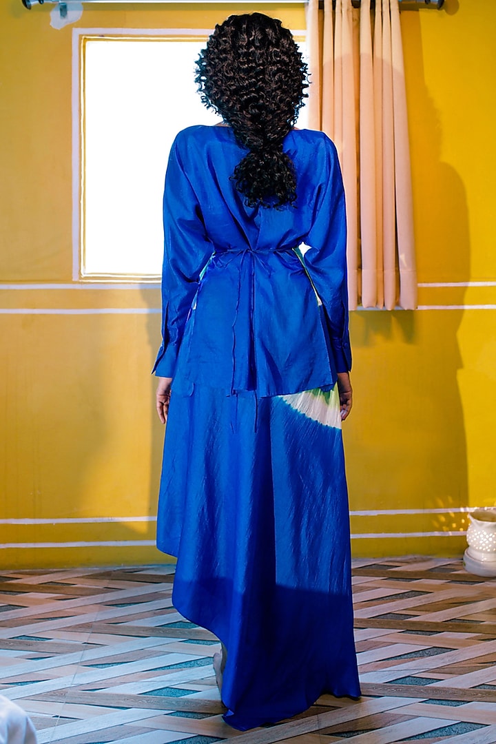 Blue Silk Tie-Dyed Asymmetric Skirt Set by Zwaan at Pernia's Pop Up Shop