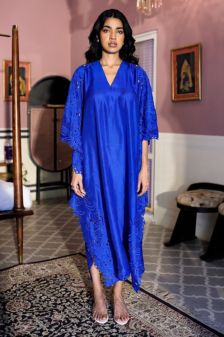 Blue Silk Cutwork Embroidered Kaftan Dress by Zwaan at Pernia's Pop Up Shop