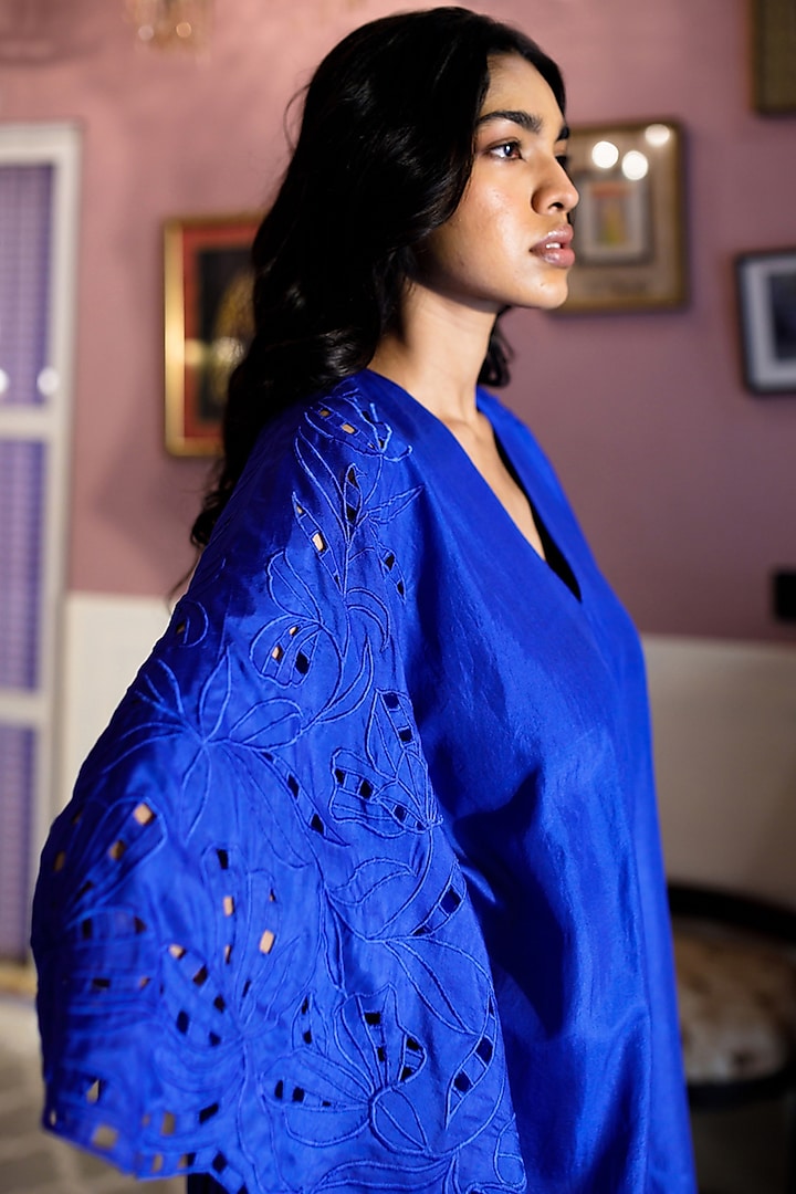 Blue Silk Cutwork Embroidered Kaftan Vacation Dress by Zwaan at Pernia's Pop Up Shop