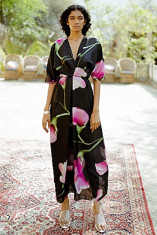 Black Silk Printed Tie-Up Dress by Zwaan