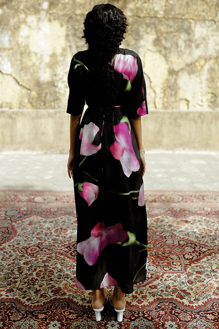 Black Silk Printed Tie-Up Summer Dress by Zwaan at Pernia's Pop Up Shop