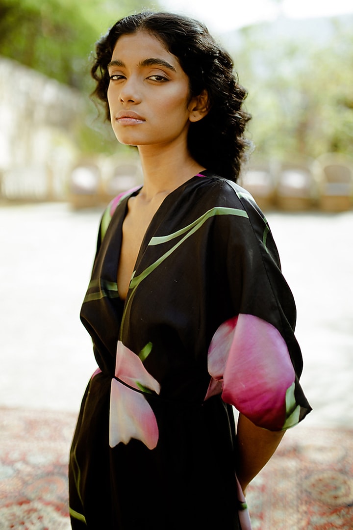 Black Silk Printed Tie-Up Summer Dress by Zwaan at Pernia's Pop Up Shop