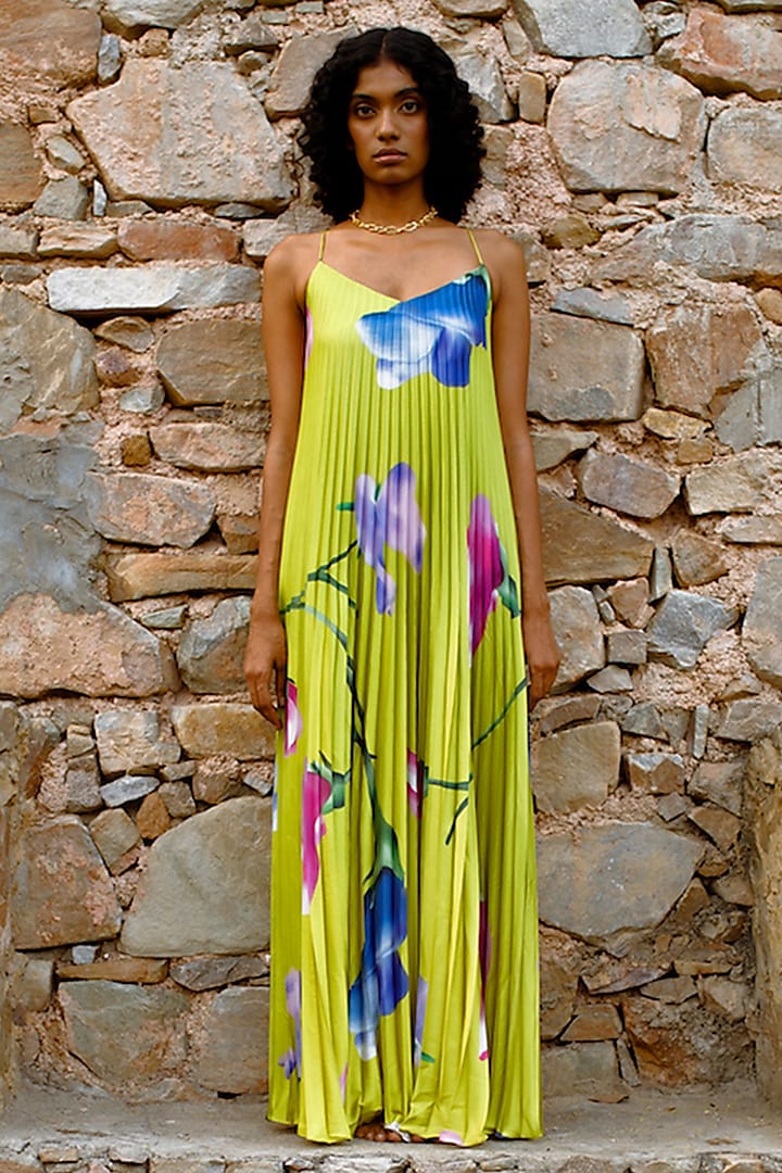 Kiwi Lime Armani Satin Printed Pleated Dress by Zwaan at Pernia's Pop Up Shop