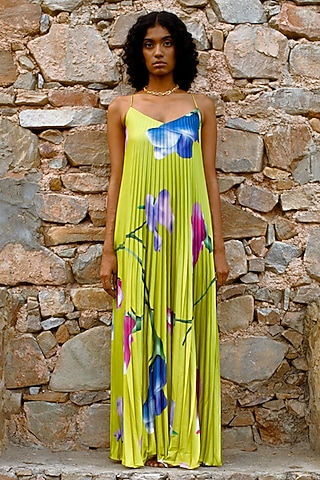 Kiwi Lime Armani Satin Printed Pleated Dress by Zwaan