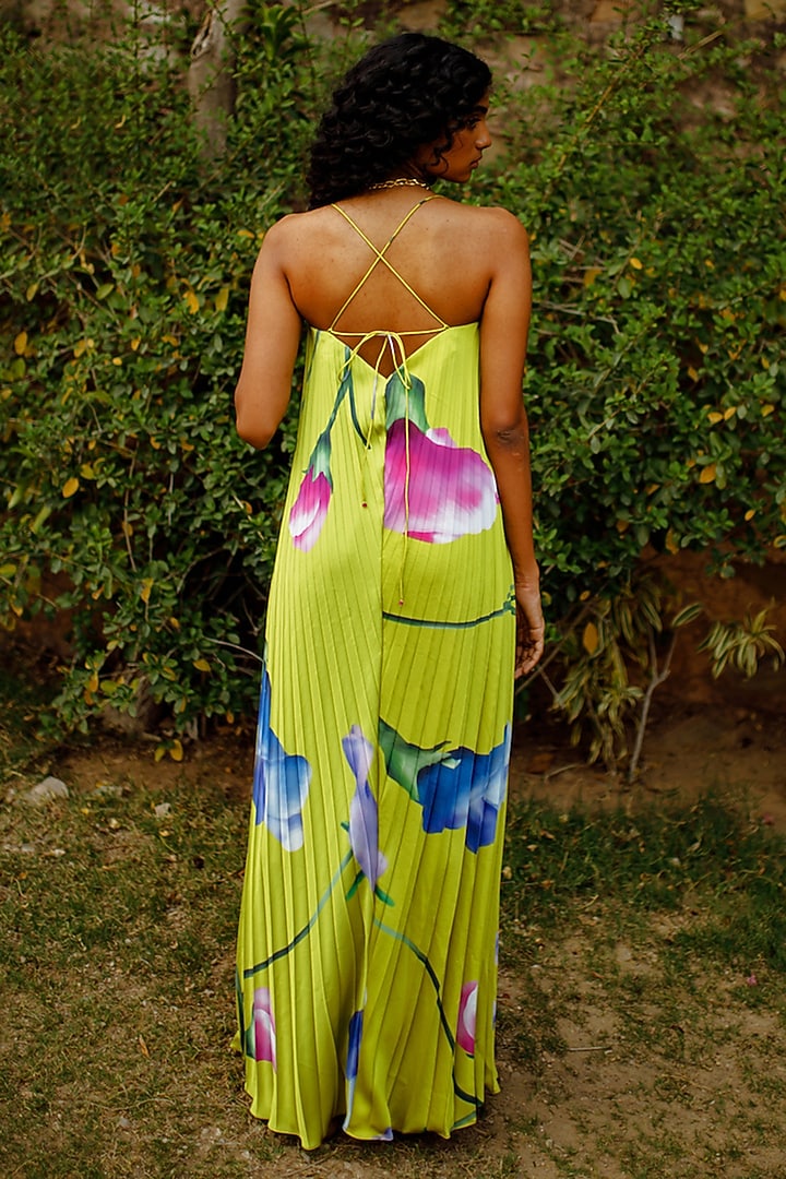 Kiwi Lime Armani Satin Printed Pleated Vacation Dress by Zwaan at Pernia's Pop Up Shop