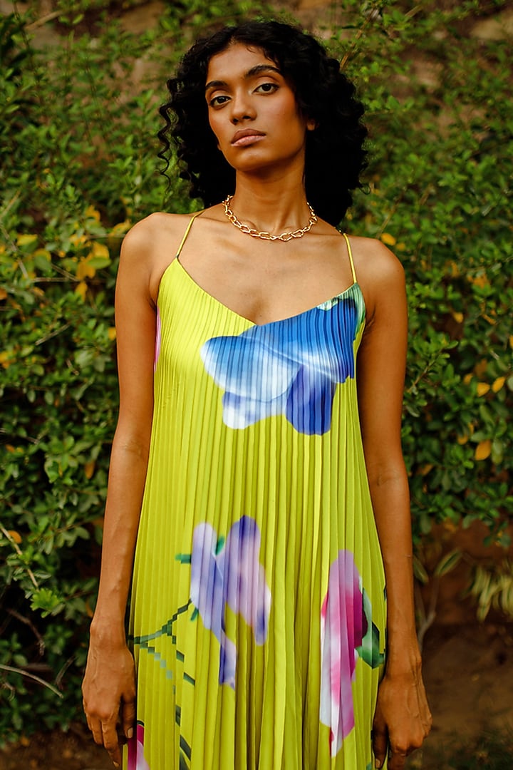 Kiwi Lime Armani Satin Printed Pleated Vacation Dress by Zwaan at Pernia's Pop Up Shop