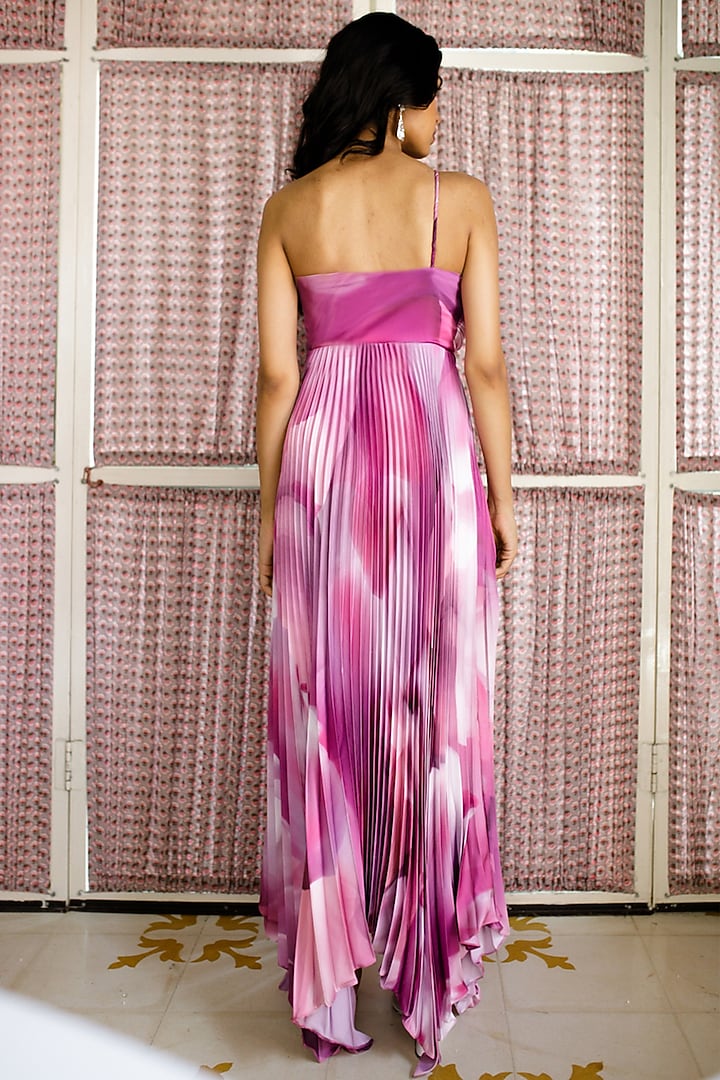 Pink Armani Satin Printed One-Shoulder Pleated Vacation Dress by Zwaan at Pernia's Pop Up Shop