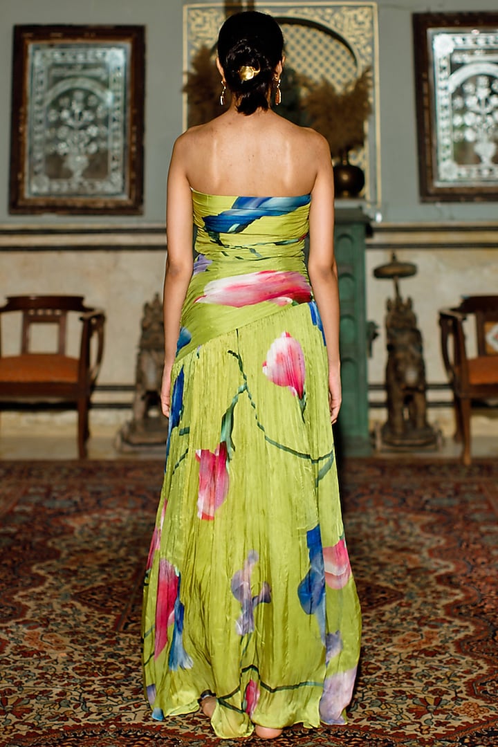 Kiwi Lime Tabby Silk Printed Tube Draped Vacation Dress by Zwaan at Pernia's Pop Up Shop