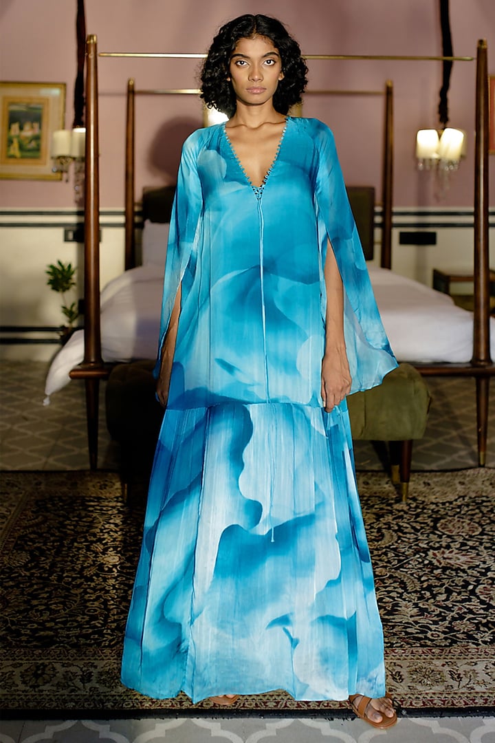 Teal Blue Tabby Silk Printed Tiered Dress by Zwaan at Pernia's Pop Up Shop