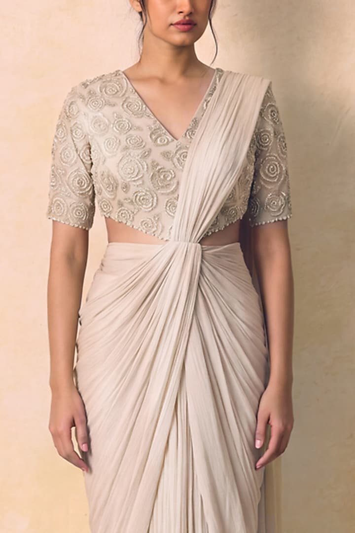 Ivory Metallic Crepe Chiffon Embellished Cowl Draped Wedding Gown Saree by Zwaan at Pernia's Pop Up Shop