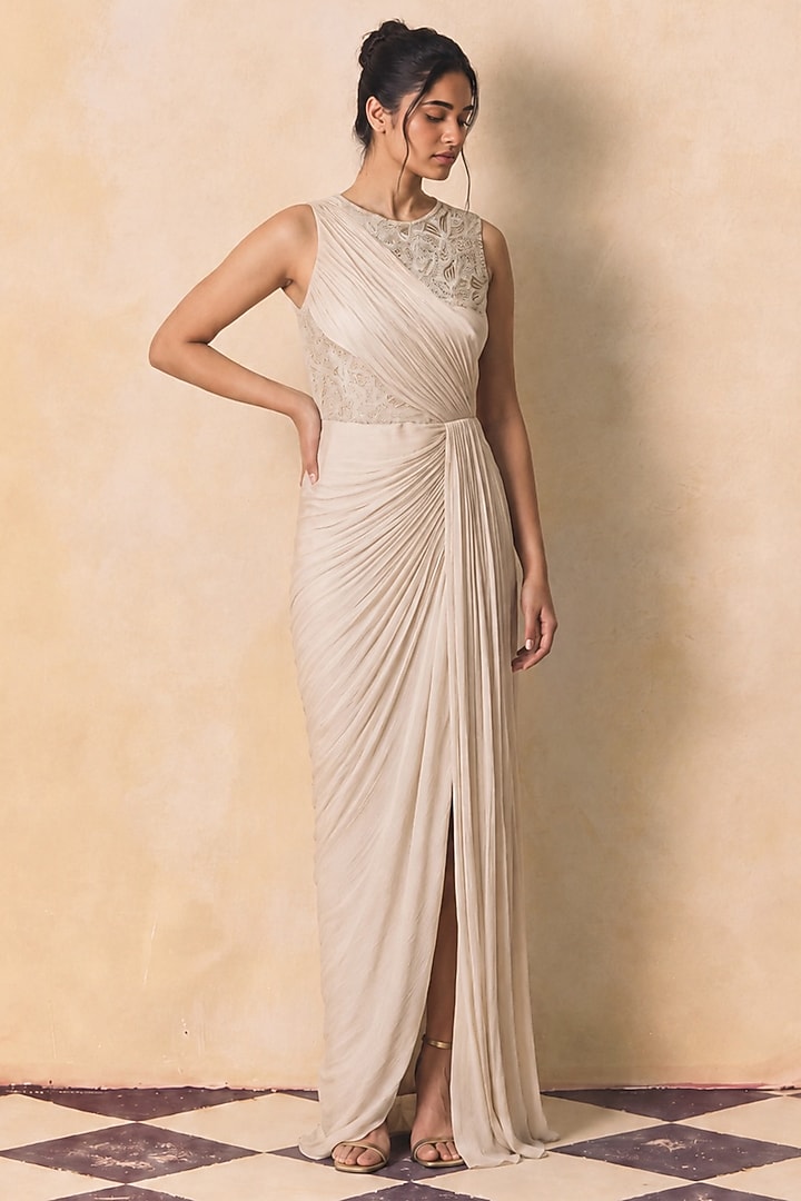 Ivory Metallic Crepe Chiffon Pearl Embellished Draped Engagement Gown by Zwaan at Pernia's Pop Up Shop