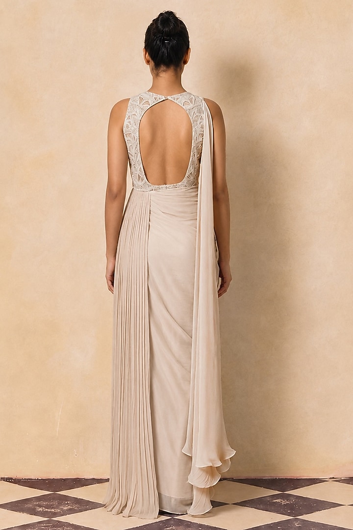 Ivory Metallic Crepe Chiffon Pearl Embellished Draped Engagement Gown by Zwaan at Pernia's Pop Up Shop