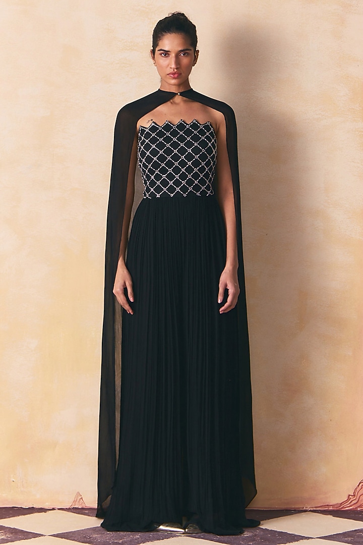 Black Georgette Embellished Hand Pleated Jumpsuit by Zwaan at Pernia's Pop Up Shop