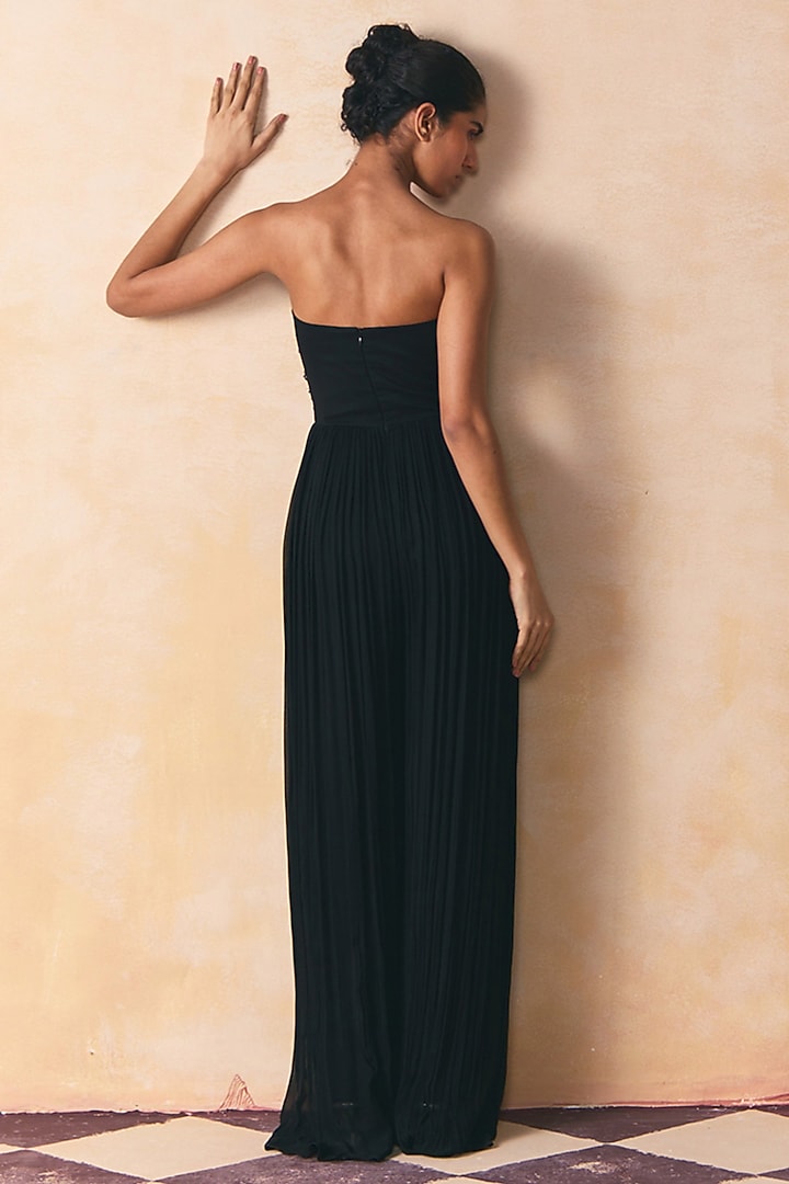 Black Georgette Embellished Hand Pleated Jumpsuit by Zwaan at Pernia's Pop Up Shop