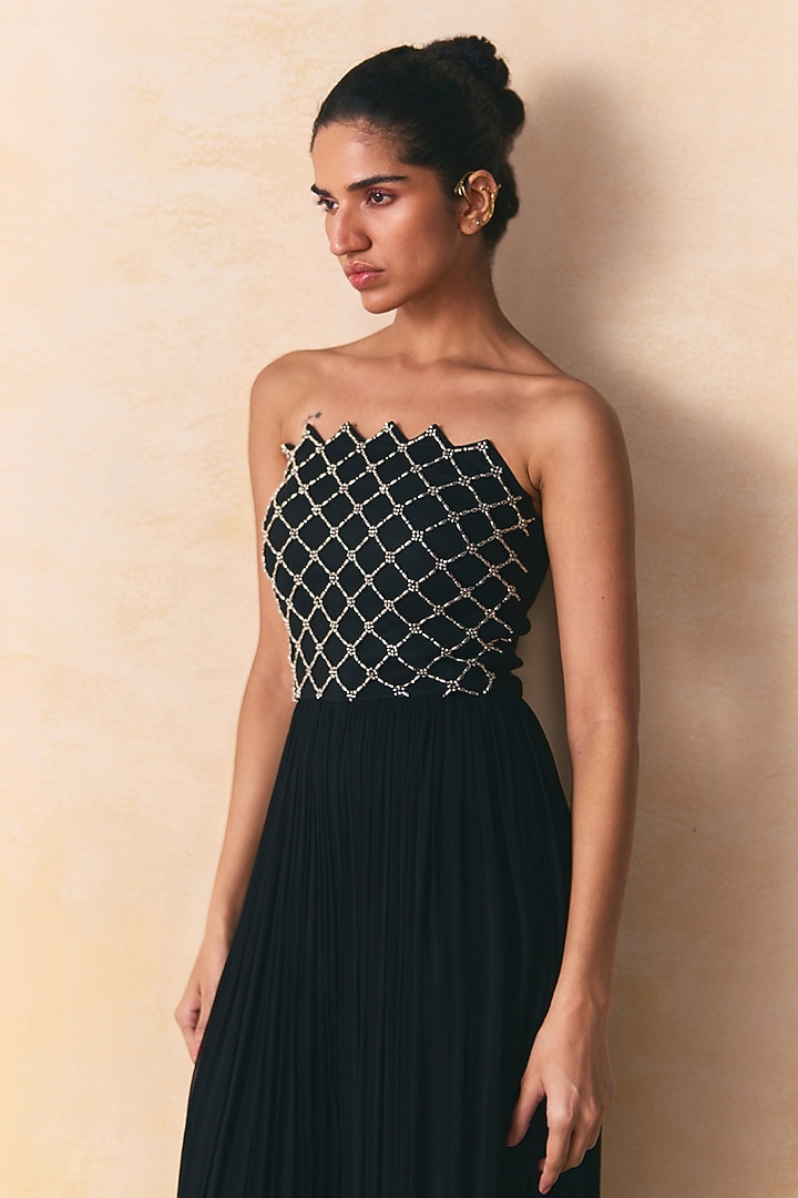 Black Georgette Embellished Hand Pleated Jumpsuit by Zwaan at Pernia's Pop Up Shop
