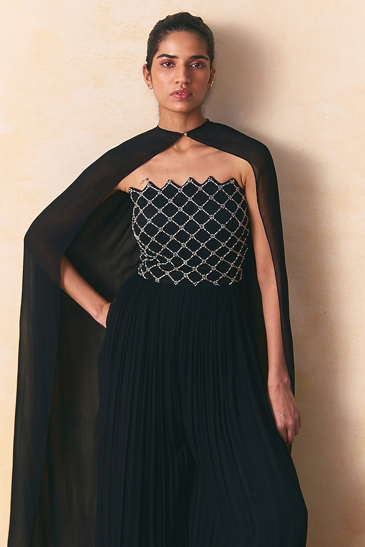 Black Georgette Embellished Hand Pleated Jumpsuit by Zwaan at Pernia's Pop Up Shop