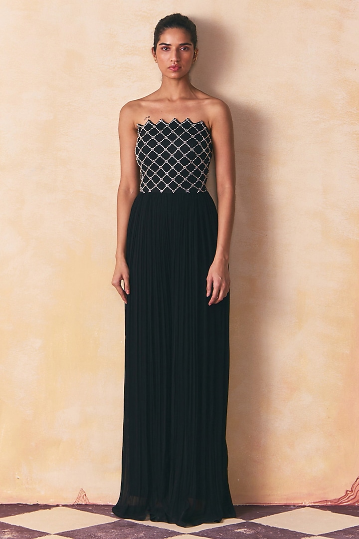 Black Georgette Embellished Hand Pleated Jumpsuit by Zwaan at Pernia's Pop Up Shop