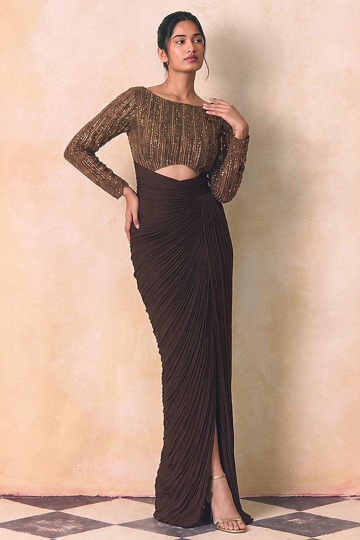 Bronze Tabby Silk Embellished Draped Engagement Gown by Zwaan at Pernia's Pop Up Shop